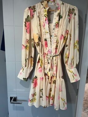 ELSA Cream Floral Ruffle Button-Front Midi Dress